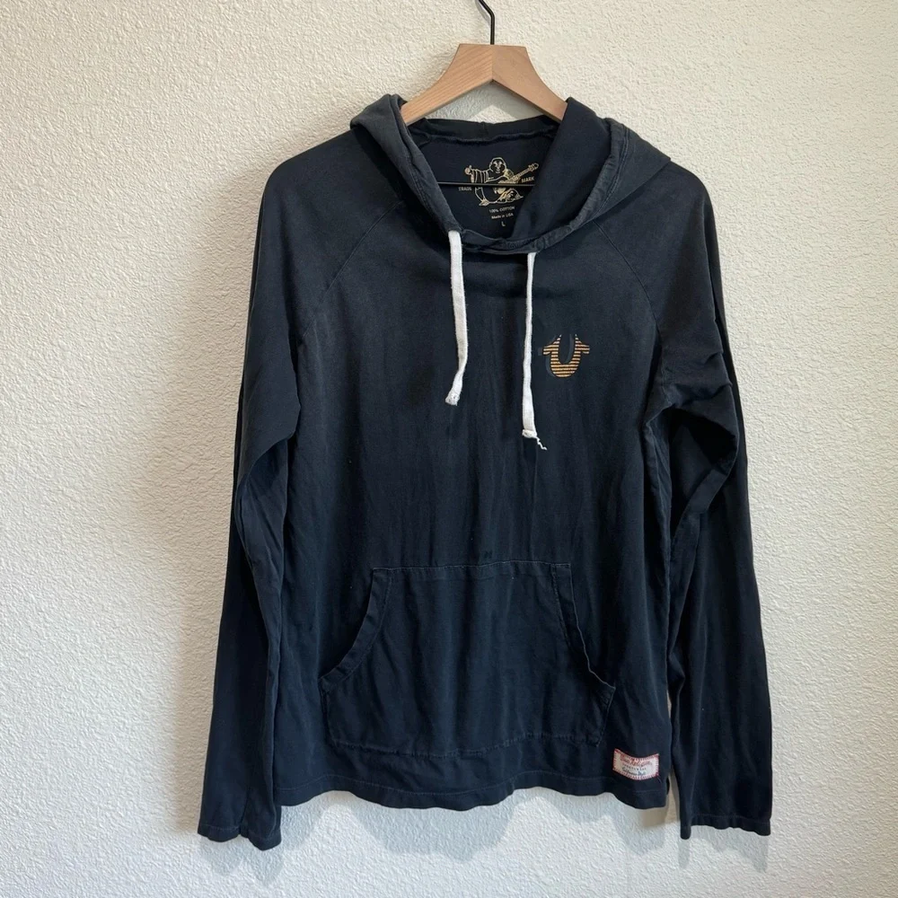 True Religion Mens Large Buddha World Tour Hoodie Black Grey Casual Streetwear